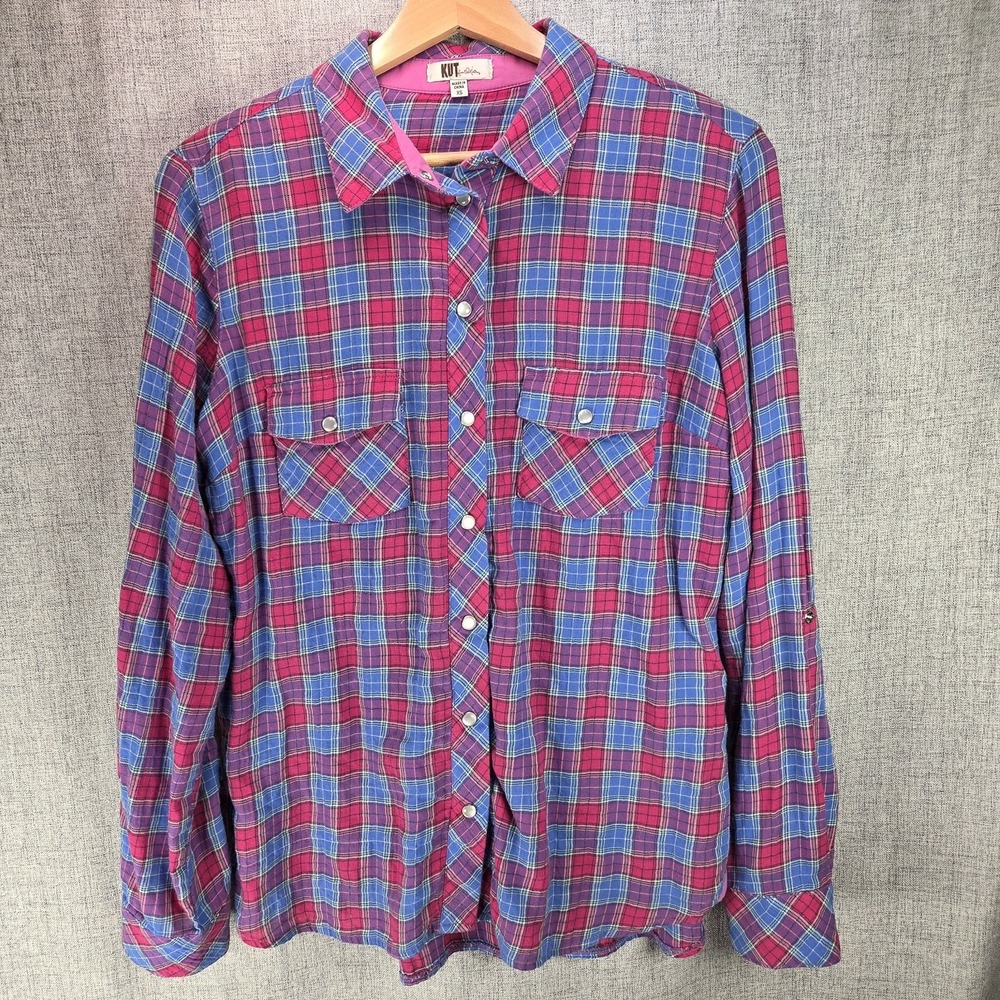 KUT from the Kloth Pink Plaid Snap Front Roll Tab Sleeve Shirt Womens XS Western
